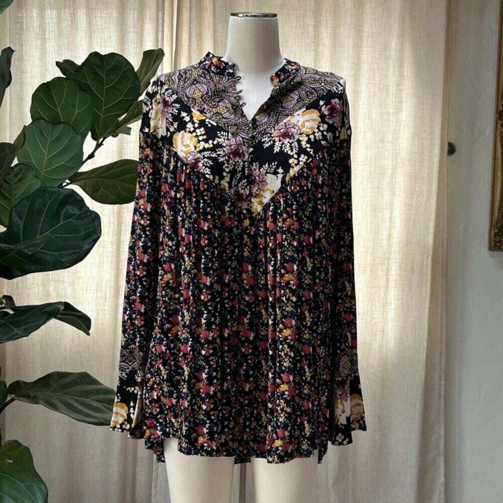 Free People Boho Floral Babydoll‎ Tunic Mini Dress Long Sleeve S